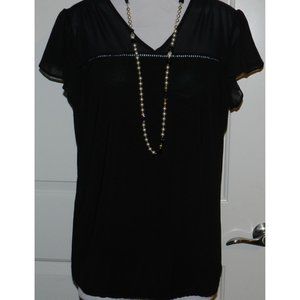 Ladies Sheer neckline slinky stretch black blouse